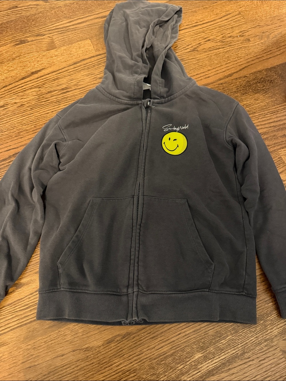 H&M Dark Gray Zip Hoodie with Yellow Smile Patch Size 8/10